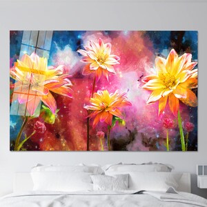 Wall Decoration, Glass Custom For Art, Botanical Glass Wall Art, Yellow Flower Painting, Wall Decor, Floral Glass Wall Art,