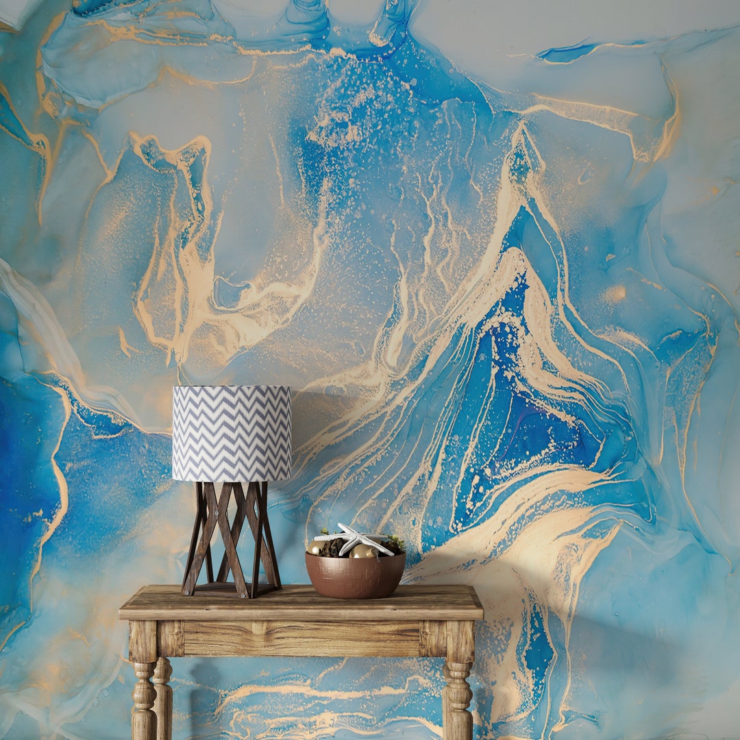 Blue and Gold Marble Wallpaper: Shimmery Modern Wall Mural - Etsy