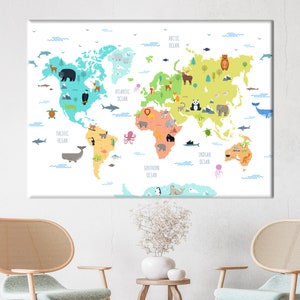 Kinder Karte Wandkunst, Lernleinwand, Kinder gedruckt, Kinder Wandkunst, Babyzimmer Wandkunst, Tier Karte Leinwandkunst, Weltkarte Wandkunst,