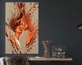 Lovers Kiss Canvas Art: Surreal Couple Sculpture Print
