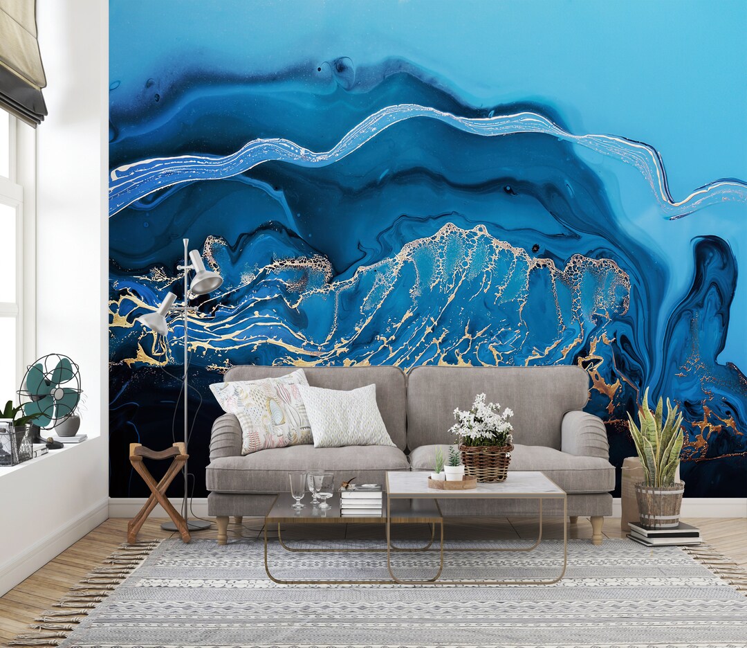 Blue and Gold Marble Wallpaper: Shimmery Modern Wall Decor - Etsy