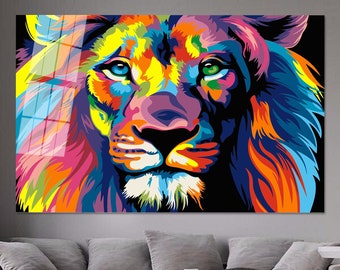 Abstract Lion Tempered Glass Wall Art: Colorful Home Decor