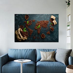 Modern muurdecor, kaartposter, koffiemuurdecor, koffiewereldkaart canvas poster, grote muurdecor, gepersonaliseerd cadeau voor moeder,