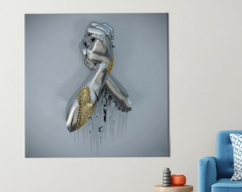3d Metallic Hand Wall Art, 3d Effect Wall Decor, Abstract Printed, Trendy Art, Gold And Silver Canvas, Contemporary Printed,