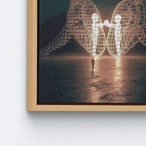 Twee mensen die elkaar de rug toekeren bij Burning Man, moderne muurkunst, trendy canvas kunst, kunst aan de muur cadeau paar, Natural Framed
