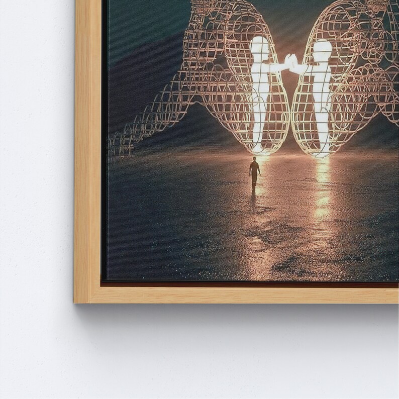 Twee mensen die elkaar de rug toekeren bij Burning Man, moderne muurkunst, trendy canvas kunst, kunst aan de muur cadeau paar, Natural Framed