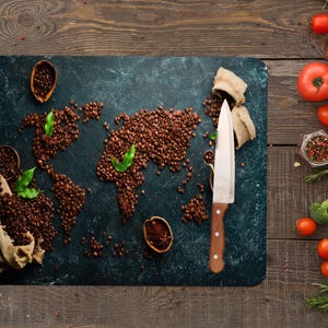 Tabla de cortar con mapa del mundo del café, tabla para servir para amantes del café, tabla de cortar con mapa, tabla de cortar moderna, tabla de cortar de vidrio templado,