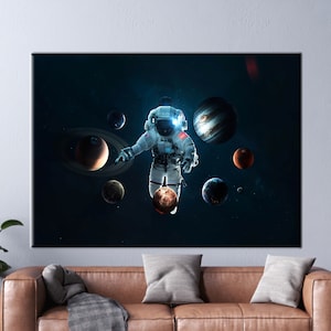 Solar System Wall Art, Modern Canvas Art, Space Wall Decor, Astronaut Printed, Abstract Wall Art, Kids Printed, Space Landscape Wall Decor,