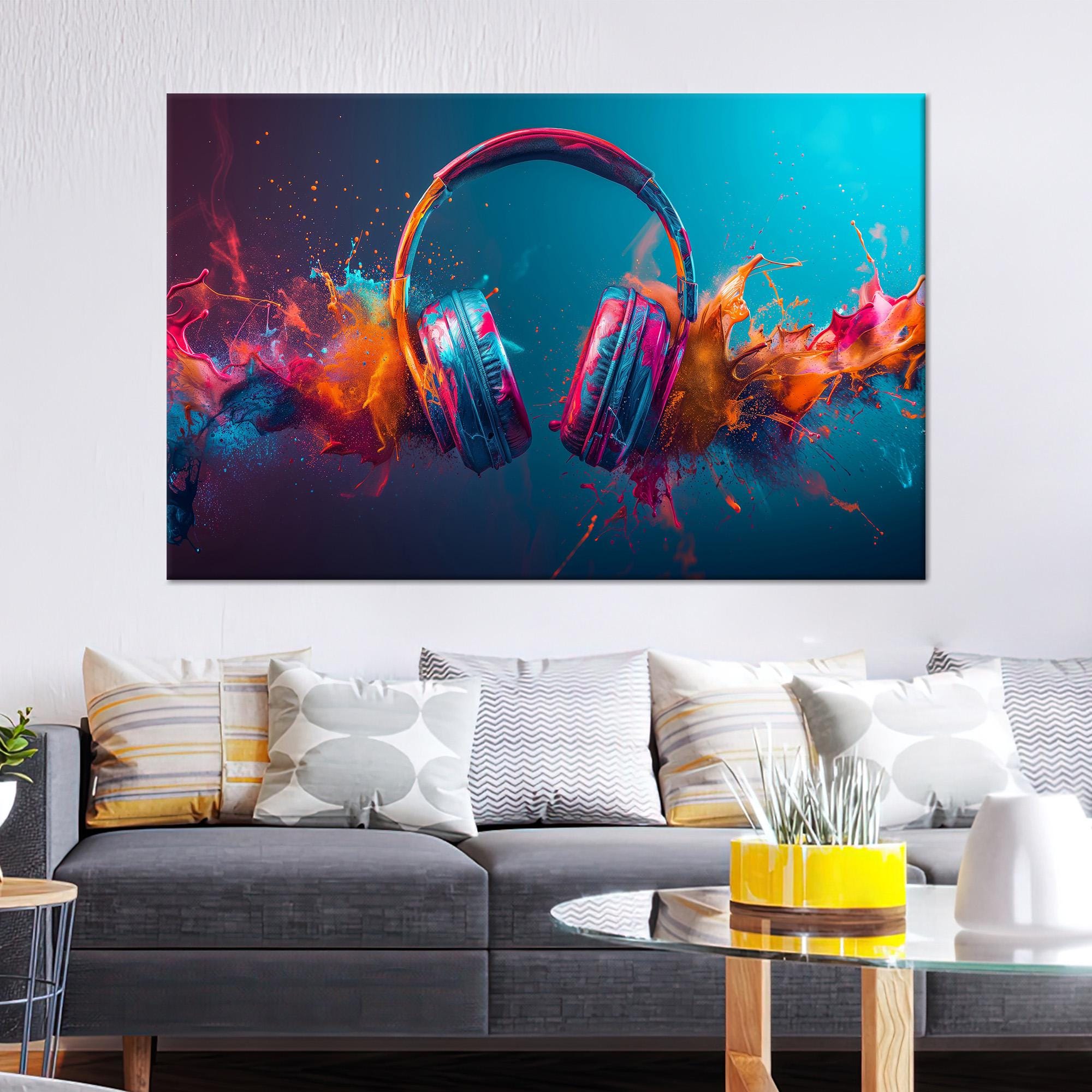 Colorful Headphones Canvas Art Print: Music Splash Poster for