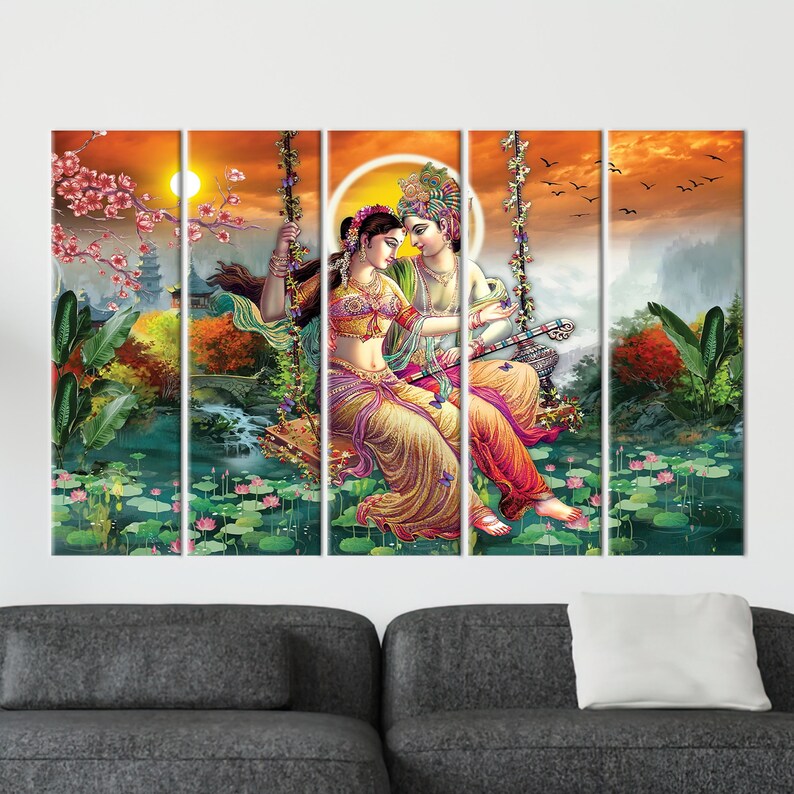 Obraz Radhy Krishny, hinduski plakat z prezentem, sztuka ścienna Radhy Krishny, słynna sztuka ścienna, indyjska sztuka ścienna, reprodukcja dzieła sztuki, zdjęcie 4