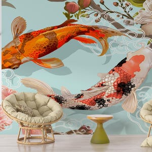 Carta da parati giapponese con pesci koi, decorazione murale giapponese, regalo per lui, decorazione murale arancione, adesivi murali con animali, arte murale astratta, parete decorativa,