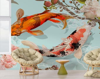 Könnte beinhalten: Zwei farbenfrohe Koi-Karpfen schwimmen in entgegengesetzte Richtungen vor einem hellblauen Hintergrund mit weißen Wolken und rosa Blüten. Die Fische sind detailliert mit Schuppen und Flossen dargestellt.