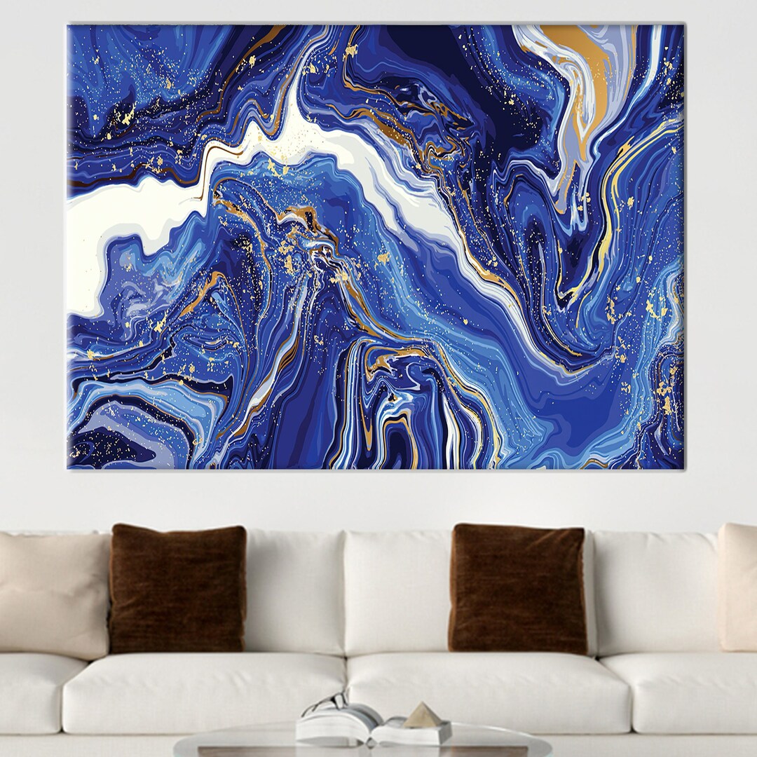 Navy Blue Marble Wall Art Gold Marble Canvas Art Blue Art Etsy
