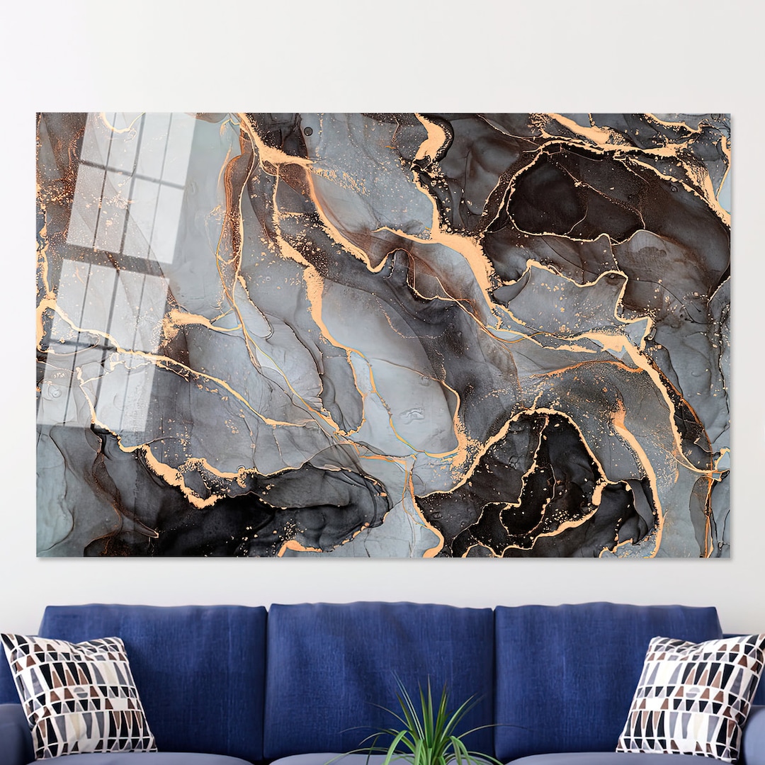 Tempered Glass, Glass Art Wall Decor, Gray and Black Marble Wall Art