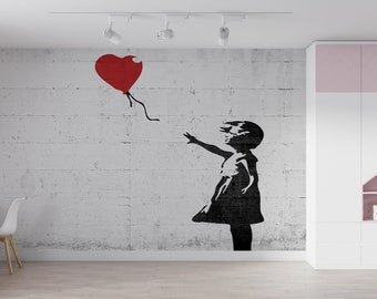 Girl with Heart Balloon Wallpaper - Graffiti Wall Art - Custom Size