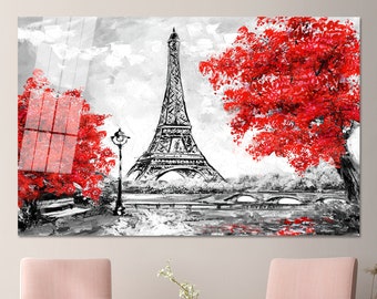 May include: A black and white illustration of the Eiffel Tower in Paris, France. The tower is surrounded by trees with red leaves. The sky is gray and cloudy.