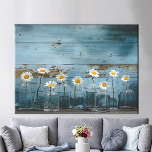 Rustic Daisy Canvas Art – Floral Print with Blue Wood Background