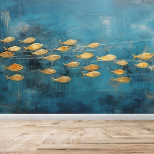 Könnte beinhalten: Ein blaues Wandbild mit einem Schwarm goldener Fische, die in einer horizontalen Linie schwimmen. Die Fische sind in einem strukturierten Stil gemalt und haben einen dezenten Schimmer.