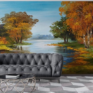 Pintura de paisaje de otoño, arte de pared de papel, papel de pared 3d, papel de pared brillante, mural de paisaje forestal, arte mural de hojas de otoño,