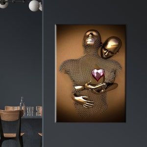 Metallisches Paar mit Herz, 3d Paar gedruckt, romantisches Paar Kunst, Paar umarmt Kunstwerk, 3d Effekt Wanddekor, Metallisches Poster,
