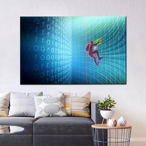 May include: A digital art print depicting a person in a red suit falling through a blue and white grid of binary code. The background is a blue and white gradient.