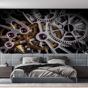 Uhren Tapete, Zahnrad Tapete, Tapete, Moderne Tapete, Tapete, Automatikuhrwerk, Uhren-Wandkunst, Jungenzimmer-Wandkunst, Büro-Wand-Papier