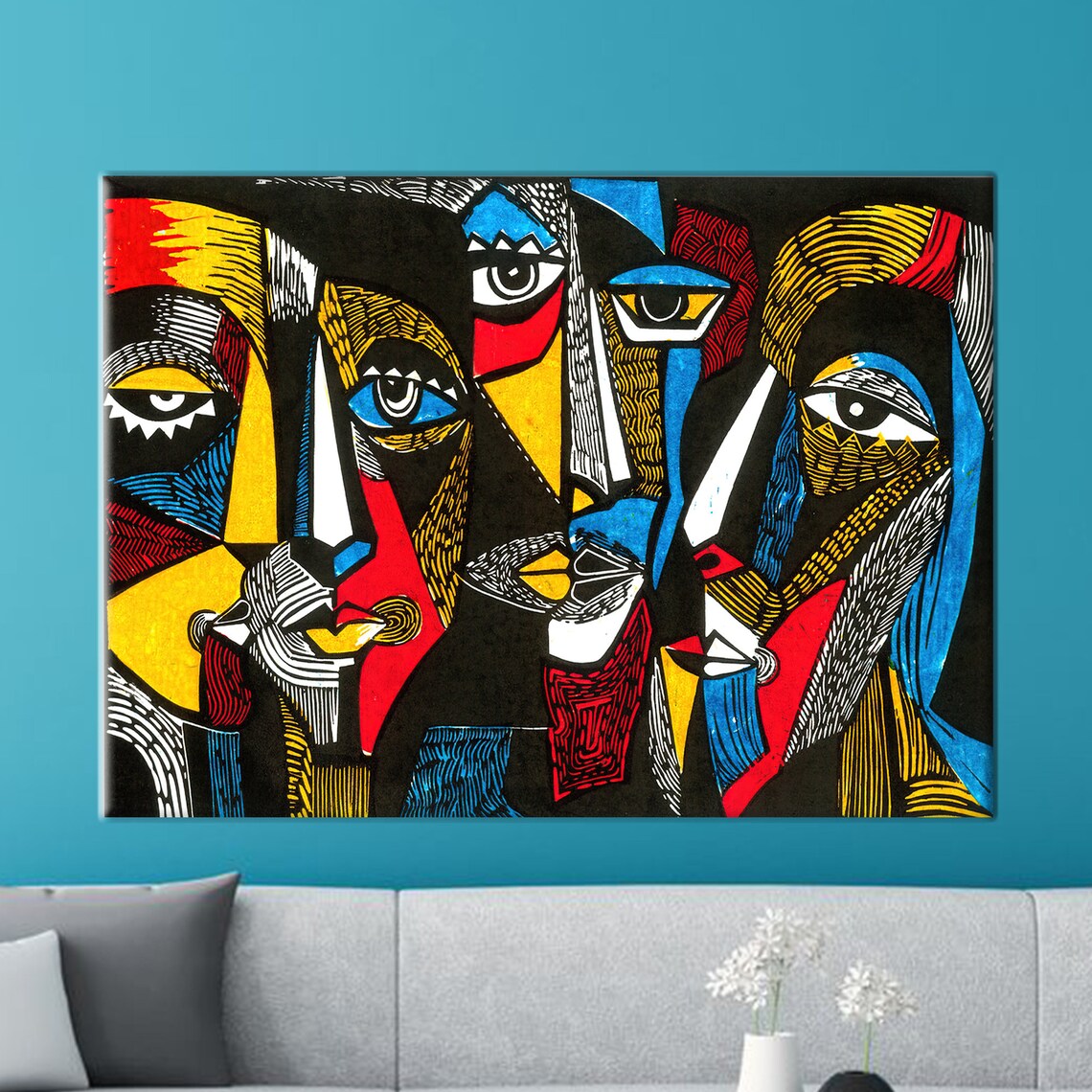 Surreal Colored Faces, Abstract Face Canvas, Contemporary Art Canvas ...