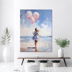 Presente feito à mão, pôster moderno, decoração de parede em tela azul, tela grande, tela de arte de parede rosa, arte de menina com balões rosa, decoração de parede de quarto,