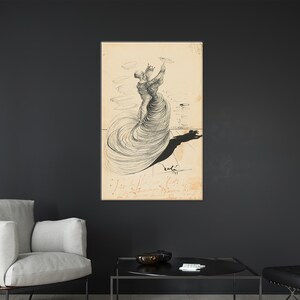 May include: Black and white line drawing of a woman in a swirling dress, holding a small object in her hand. The drawing is on a cream-colored background with handwritten text in red.