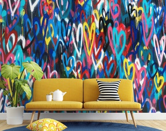 Banksy Style Hearts Tapete: Bunte abstrakte Wandkunst