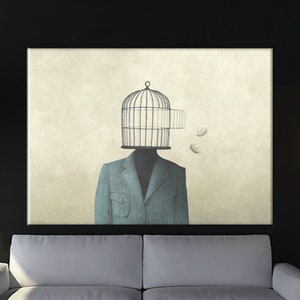 Man With Open Birdcage Over His Head, Surreal Art Canvas, Birdcage Poster, Modern Artwork, Surrealism Art, Freedom Wall Decor,