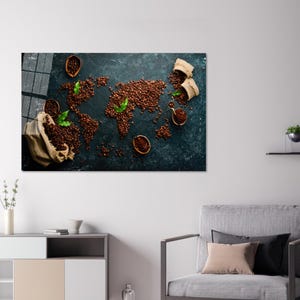 Moderne Glaswandkunst, Weltkarte Glaswandkunst, Kaffee Wandkunst, Wanddekoration, Kaffee Weltkarte Glaswand, personalisiertes Geschenk für Papa,