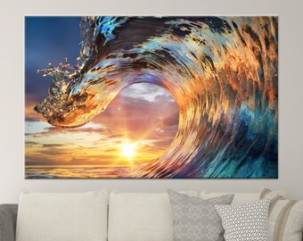 Impresión en lienzo de olas al atardecer: arte mural 3D, paisaje costero