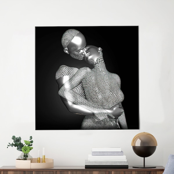 Coppia che si bacia con effetto 3D, Poster 3D, Tela di coppia romantica, Opera d'arte per la camera da letto, Tela d'arte regalo per coppia, Tela d'argento 3D,