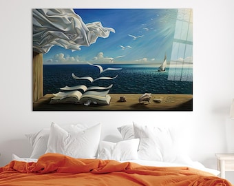 Salvador Dali Tempered Glass, Book to Birds Glass Decor, Salvador Dali Book to Birds Glass Art, Reproduction Wall Hanging, 3D Canvas,