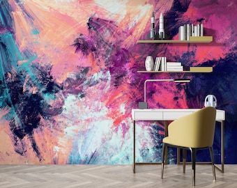 Abstract Brushstroke Wallpaper: Pink & Colorful Wall Mural, Peel and Stick