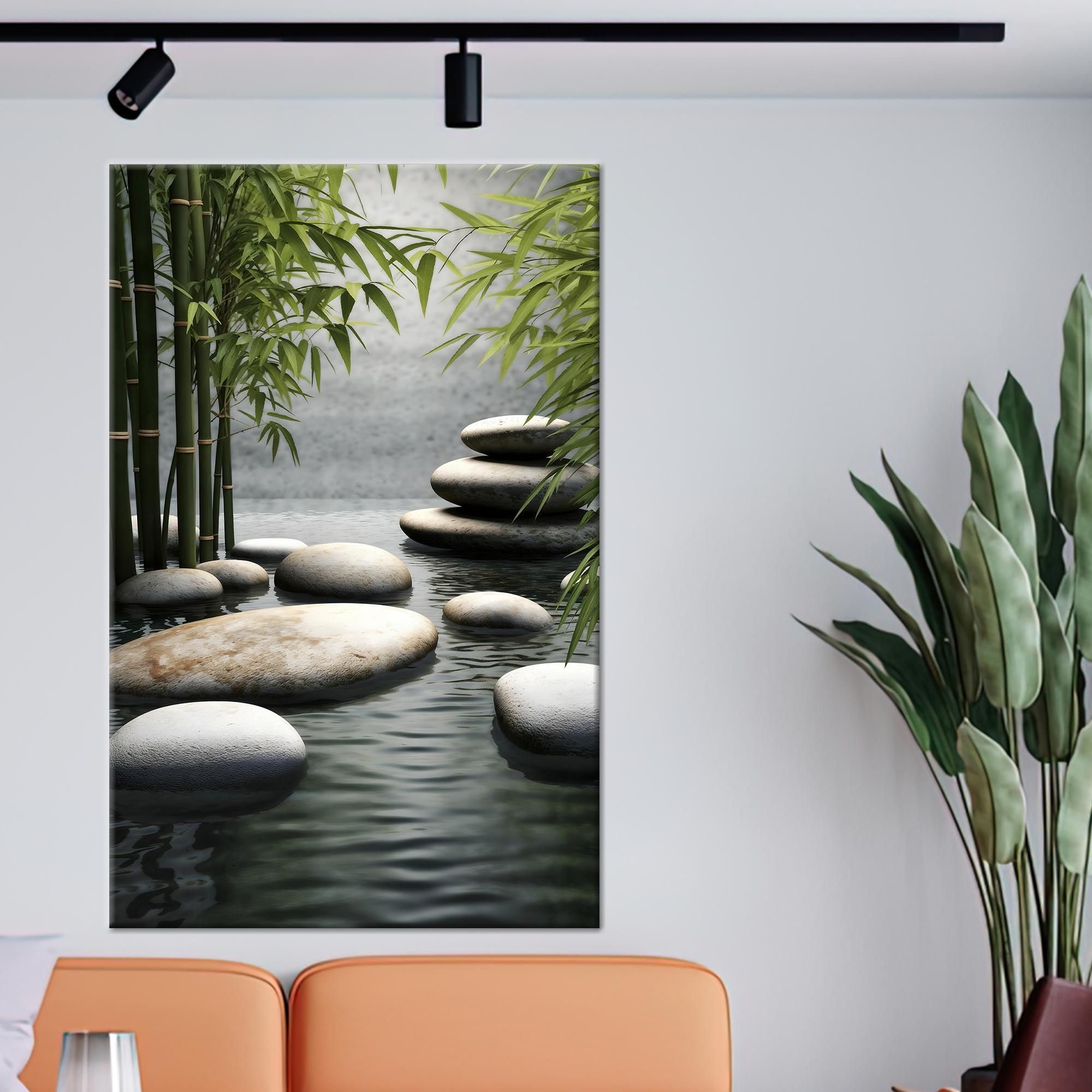 Zen Garden Wall Art with Bamboo and Stones - Tranquil Water Scene Canvas Poster - Japanese Spa Decor for Relaxing and Peaceful Spaces