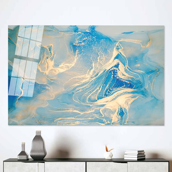 青と金の大理石強化ガラスウォールアート - Etsy 日本
