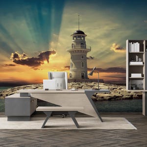 Decorazione per pareti, murale del faro, carta da parati oceanica, carta da parati al tramonto, carta da parati, carta da parati con vista, carta da parati 3D, arte murale costiera,