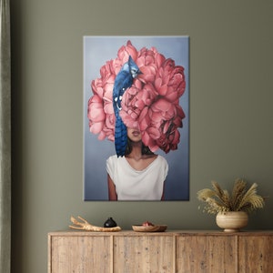 Arte de lienzo de mujer floral rosa, lienzo de arte rosa, arte de decoración de dormitorio, decoración de lienzo de mujer, cartel moderno, regalo personalizado, lienzo 3D,