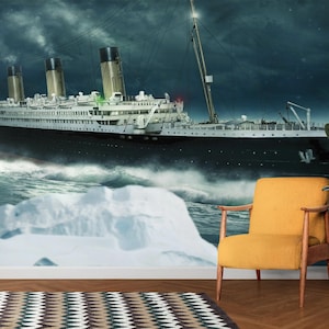May include: A large, black and white ocean liner sailing through stormy seas with a large iceberg in the foreground. The ship is partially obscured by the waves and the iceberg.