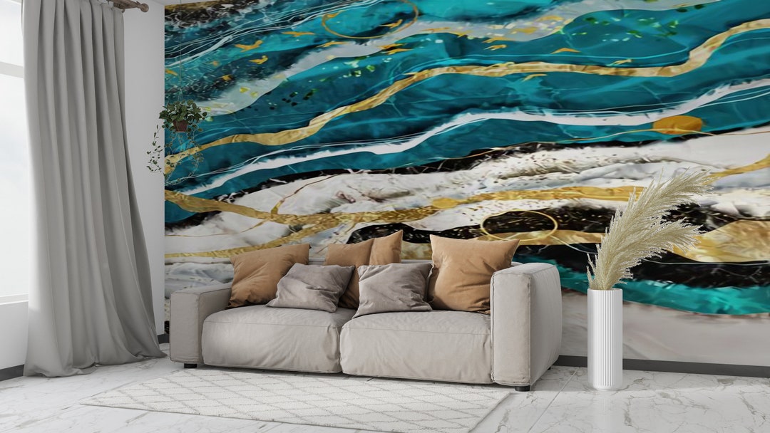 Blue and Gold Marble Wallpaper: Modern Alcohol Ink Wall Decor - Etsy