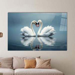 Animal Glass Printing, Love Glass Wall, Two Swans Glass Decor, Swans In Love Glass Wall, Baby Boy Gift Personalized,