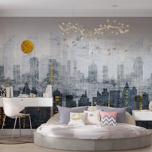 Pittura murale della silhouette della città, carta da parati moderna, buccia e bastone della carta da parati, carta da parati 3d, arte della parete del sole d'oro,