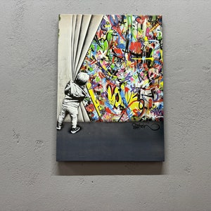 Behind the Curtain Wall Decor, Abstract Printed, Banksy Colorful Graffiti Canvas Art, Kid Graffiti Poster, Painting Canvas,