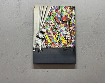 Behind the Curtain Wall Decor, Abstract Printed, Banksy Colorful Graffiti Canvas Art, Kid Graffiti Poster, Painting Canvas,