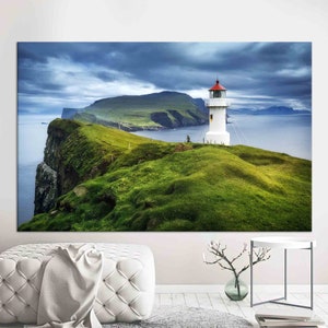 Canvas Wall Art, Canvas, Large Canvas, Green And Blue Artwork, Mykines Lighthouse Faroe Islands, Faroe Islands Art, Landscape Artwork,