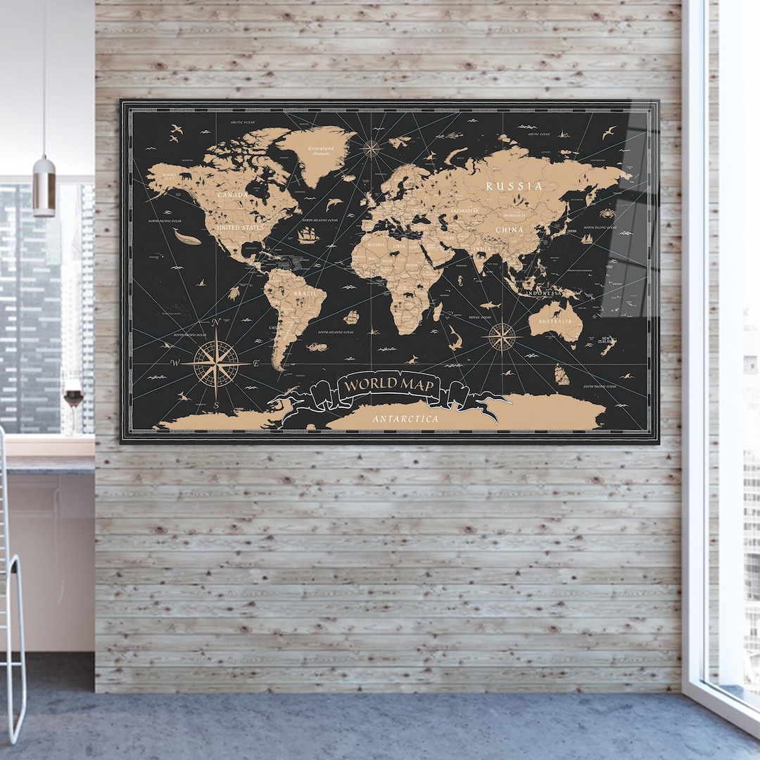 Glass Art Gift, Map Glass Decor, Trendy Map Tempered Glass, Old World ...