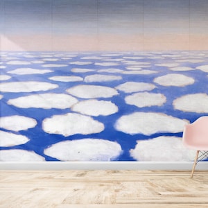 May include: A wall mural depicting a blue sky with white clouds. The clouds are arranged in a repeating pattern, creating a sense of depth and perspective. The mural is a modern and abstract interpretation of a classic landscape.