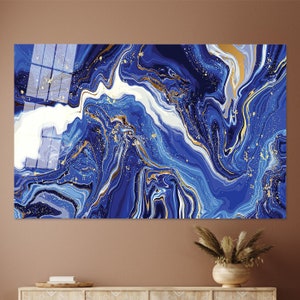 Navy Blue Marble Wall Art, Large Glass Wall Art, Wall Art, Custom Glass Printing Wall Art, Abstract Glass Printing,